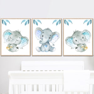 Elefant Wand Dekor Baby Junge Kinderzimmer Kunstdruck Kinder Schlafzimmer 3er Set Kinder Blau Grau Leinwand digitale Kleinkind Poster Kunstwerk