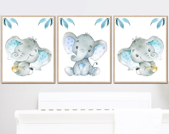 Elephant Wall Decor Baby Boy Nursery Art Print Children Bedroom set of 3 Kids Blue Gray Canvas