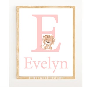 Custom Baby Name Sign Art first Initial Prints Personalized Nautral Girl Nursery Wall Decor for Child kid Bedroom Poster Lion beige new gift