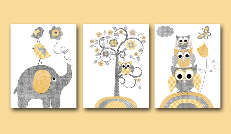 Graue Eule Elefant Giraffe Dekoration Leinwand Druck Leinwand Etsy