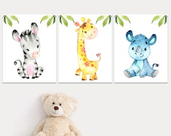 Safari Kinderzimmer Wand Dekor Dschungel Baby Tiere Kunstdrucke Poster Leinwand Spielzimmer Aquarell Kinderzimmer Kinderzimmer Set von 3 Zebra Giraffe Kleinkind Freunde