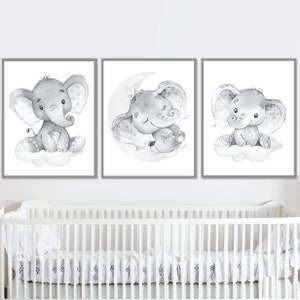 Decoración de pared con elefantes, impresiones artísticas para guardería de bebés y niños, juego de 3 pósteres para dormitorio infantil con animales, tema neutro, imagen digital en gris