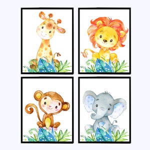 Safari con animali della giungla Stampe artistiche per la scuola materna del neonato Decorazioni da parete per bambini Leone Scimmia Giraffa Elefante set di 4 tele per sala giochi per bambini