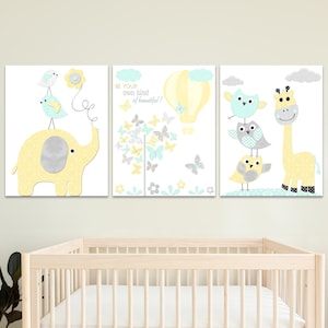 Neutro Baby Boy Girl Nursery Wall Art Print Child Room Decor Kids Quotes set di 3 opere d'arte Poster Elefante Giraffa Giallo Grigio Menta bambino