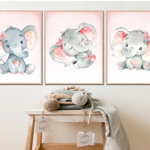 Baby Girl Nursery Decor Elephant Wall Artwork Children Playroom ...