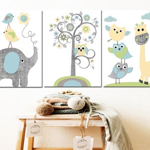 Decorazioni da parete per la cameretta dei neonati, stampe artistiche per bambini, cameretta per bambini, set di 3 poster grigio blu, illustrazione digitale, immagini di gufo, giraffa, elefante