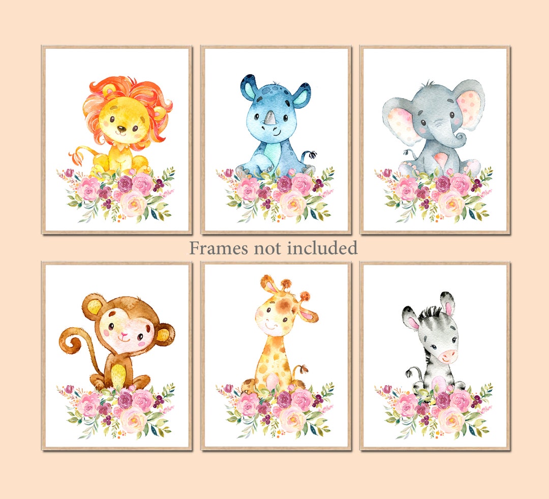 Jungle Wall Decor Baby Girl Nursery Prints Safari Art Floral Animals