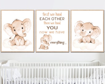 Baby Boy Girl Elephant Neutral Nursery Quotes Wall Art Child Room Print set of 3 Kids Family Poster gender first we had each other beige