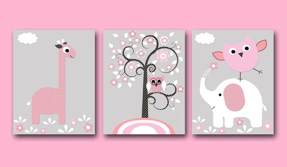 Elephant Giraffe Nursery Gray Rose Baby Girl Nursery Art Print Etsy