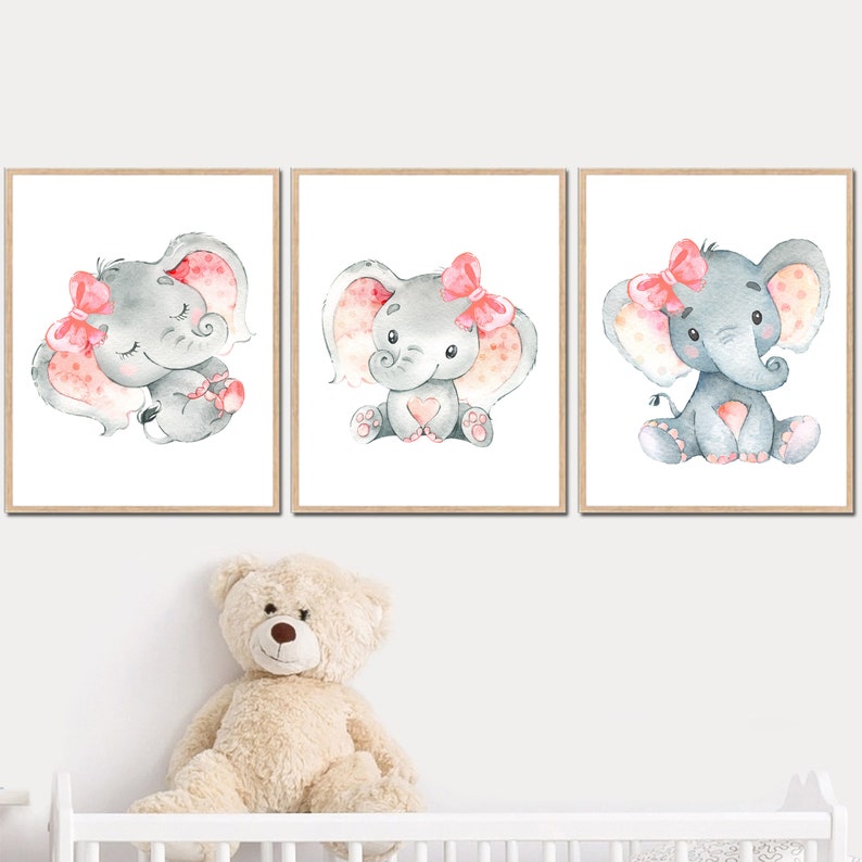 Girl Elephant Posters Baby Wall Decoration Nursery Art Prints Pictures set of 3 Kids room Printable digital Pink Gray image 1
