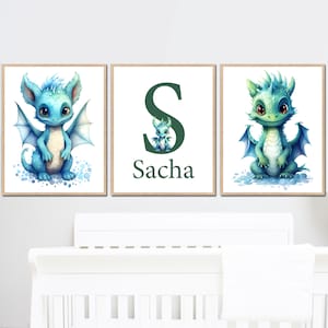 Dragón pared decoración nombre personalizado arte impresión bebé niño vivero cartel carta personalizada inicial niño dormitorio conjunto de 3 lienzos digitales niño