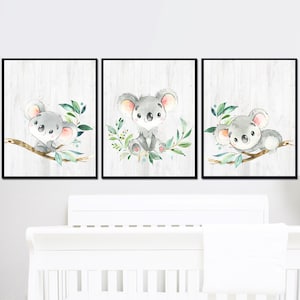 Australian Animals Prints Baby Girl Nursery Wall Art Koala images Kids Room Decoration set of 3 digital printble gray green