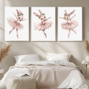 Ballerina Hase Kinderzimmer Poster 3er Set neutrale Baby Mädchen Kaninchen Wand-Dekor Kinder-Schlafzimmer tanzende Tiere Poster