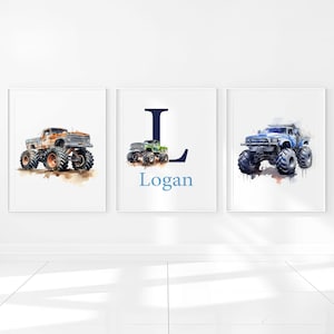 Poster da parete Monster Truck personalizzato, nome personalizzato, decorazione per cameretta dei bambini, set di 3 immagini digitali per bambini, stampabili