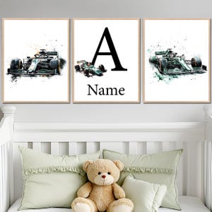 Formula1 Auto da corsa personalizzate Nome personalizzato Auto da corsa sportiva Arte murale Decorazione Stampa Veicolo Poster Bambino Asilo nido Set digitale di 3 camerette per bambini