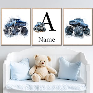 Poster Monster Truck personalizzato Nome personalizzato Decorazione da parete per cameretta dei bambini Arte stampabile per la camera dei bambini Set di 3 immagini digitali per bambini piccoli