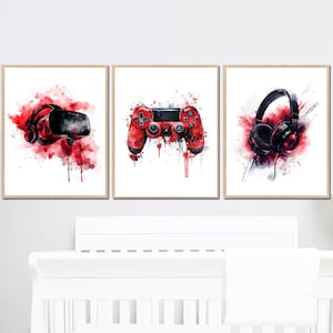 Decoración de pared para habitación de gamer, pósteres para niños, juegos, controlador imprimible, arte, dormitorio adolescente, juego de 3, regalo digital para niños, cuadro de lienzo rojo para niños pequeños