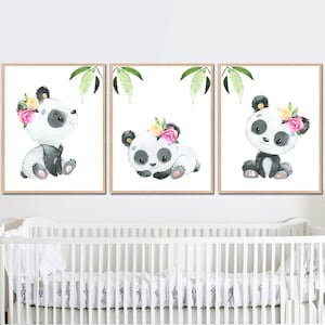 Póster de pared con diseño de panda para guardería de niñas, decoración artística para niños, juego de 3 cuadros para dormitorio infantil, lienzo digital pequeño