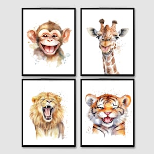 Lächelnd Safari Tiere Lustig glücklich Kunstdruck Baby Kinderzimmer Wand-Dekor Junge Mädchen 4er-Set Poster Kinder Affe Tiger Löwe Giraffe verspielt