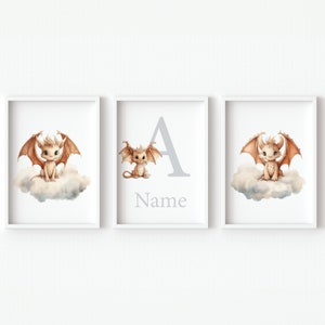 Decoración de pared con diseño de dragón bebé, letrero con nombre personalizado, impresión artística, póster neutro para guardería de niña y niño, juego de 3 letras iniciales personalizadas, regalos digitales