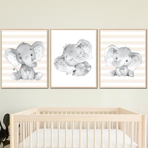 Baby Elephant Decorazione da parete Ragazzo Neutro Nursery Stampa artistica Camera da letto per bambini Poster stampabile digitale Set di 3 immagini su tela Grigio beige