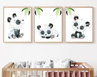 Ensemble de 3 affiches panda pour chambre d'enfant, décoration murale pour chambre d'enfant, impression d'art pour chambre d'enfants, toile numérique grise