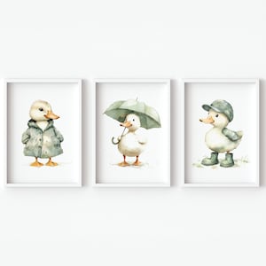 Poster da parete per cameretta dei bambini con paperelle, stampabile, verde, per bambine e bambini, set di 3 quadri digitali su tela per bambini.