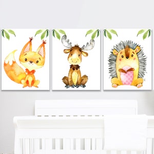 Waldtier Wald Kinderzimmer Wand Dekor Baby Junge Mädchen Kunstdrucke Aquarell 3er Set Digitale Poster Kinderzimmer Leinwand Spielzimmer Mädchen