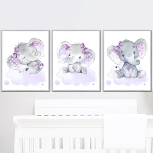 Bebé elefante cartel niña habitación pared decoración vivero arte tema imagen conjunto de 3 para regalo imprimible digital púrpura y gris plaroom nuevo regalo