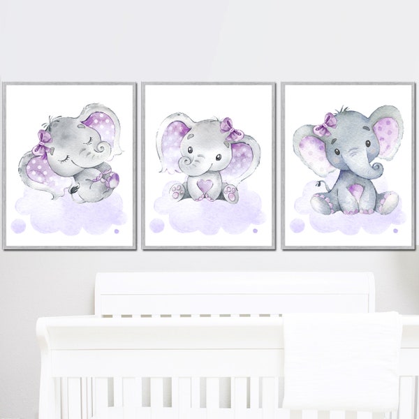 Baby Elephant Posters Girl Room Wall Decor Nursery Artwork Theme Picture set of 3 for gift Printable Digital Purple and Gray