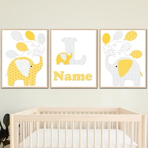 Decorazione murale elefante Nome personalizzato Arte murale personalizzata per cameretta dei bambini Stampabile Set di 3 per sala giochi per bambini digitale Giallo Regalo neutro