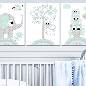 Decorazione per la cameretta dei bambini, set di 3 poster stampabili, stampe murali per bambini, stampe digitali su tela, immagini neutre, grigio acqua, elefante, gufo