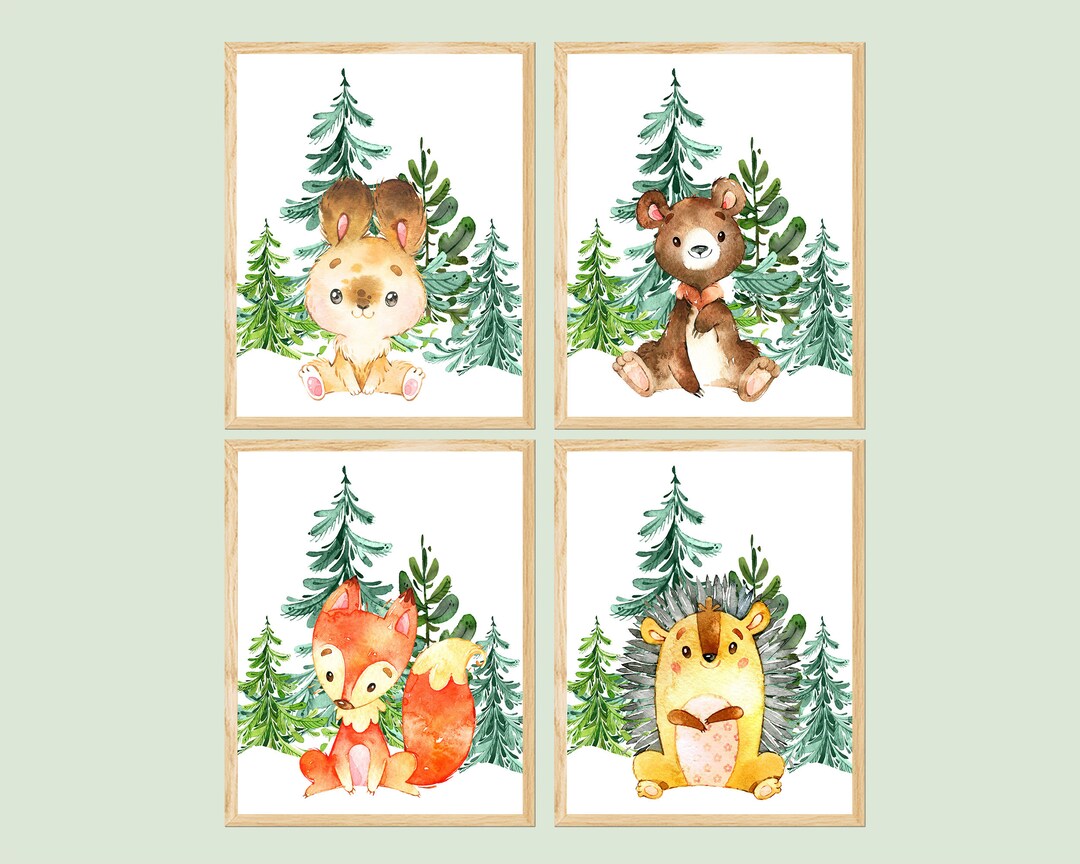 Baby Nursery Decor Woodland Room Animal Prints Forest Wall Art Kids Set