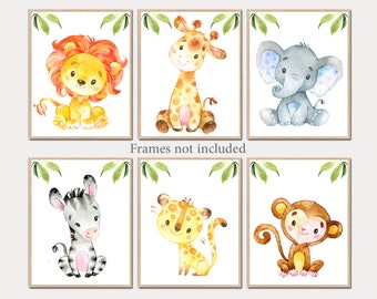 Kids Safari Room Decor Jungle Nursery Wall Art Prints Baby Girl Zoo Animals Watercolor Canvas set of 6 Printable Affiche