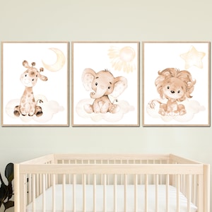 Decoración de guardería para bebé niño niña neutra, impresiones artísticas de animales para dormitorio infantil, juego de 3 carteles para niños, género, elefante, jirafa, león, pastel imprimible