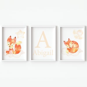 Personalizzato Fox Baby Nursery Decor Nome personalizzato Ragazza Ragazzo Wall Art Neutro Poster stampabile Set di animali della foresta per bambini di 3 boschi regalo digitali