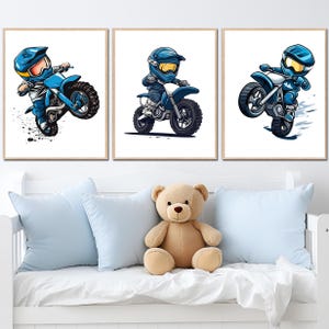 Motocicletta Decorazione murale moto sportiva Stampabile Veicolo Poster Ragazzo Asilo nido Regalo bambino Digitale Set di 3 camerette per bambini bambino piccolo blu trasporto