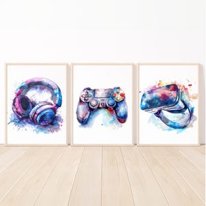 Poster per ragazzi Gioco Stampabile Controller per videogiochi Decorazione da parete Camera da letto per adolescenti Set di 3 immagini digitali per bambini piccoli regalo tela blu viola