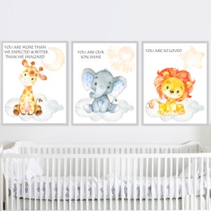 Jungle Baby Boy Nursery Art Wall Decor Poster Citazioni stampabili Giraffa Elefante Leone Safari set di 3 immagini Sala giochi per bambini digitale piccola