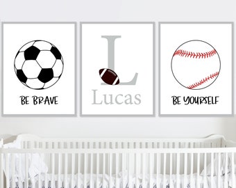 Custom Baby Boy Name Initial Prints Personalized Football Baseball Sports Nursery Wall Art set of 3 Kids Room digital canvas printable