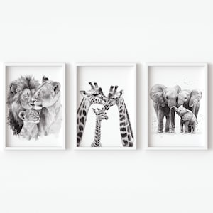 Safari Animali Bambini Papà Madre e Bambino Stampa Artistica Zoo Nursery Wall Decor Mamma set di 3 poster per la famiglia Giraffa Elefante Leone casa neutra
