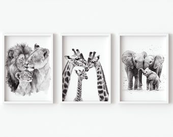 Impressão artística de animais de safári, pais, mães e bebês, zoológico, berçário, decoração de parede, conjunto de 3 pôsteres para família, girafa, elefante, leão, casa neutra