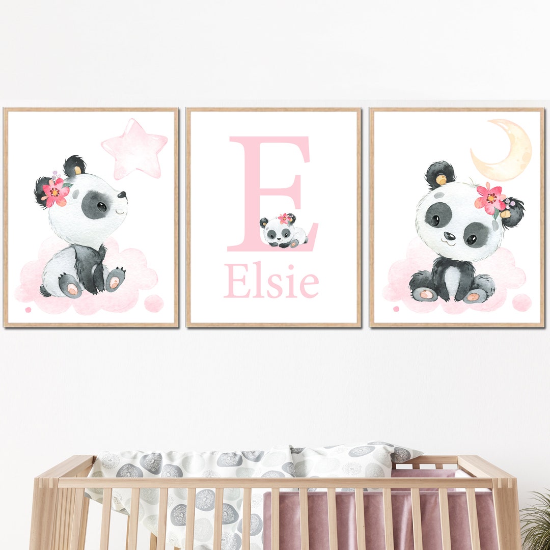 Panda Wall Art Letter Initial Prints Baby Girl Nursery Decor Custom ...