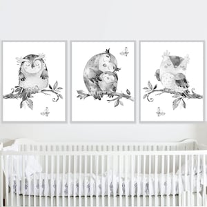Juego de 3 pósteres con diseño de búho para pared, decoración neutra para dormitorio de bebé, guardería de niño y niña, impresiones digitales de género, lienzo gris