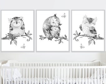 Art mural hibou, décoration neutre pour chambre de bébé, garçon fille, impression pour chambre d'enfant, affiche d'enfant, lot de 3 photos, sexe à imprimer numériques, toile, gris