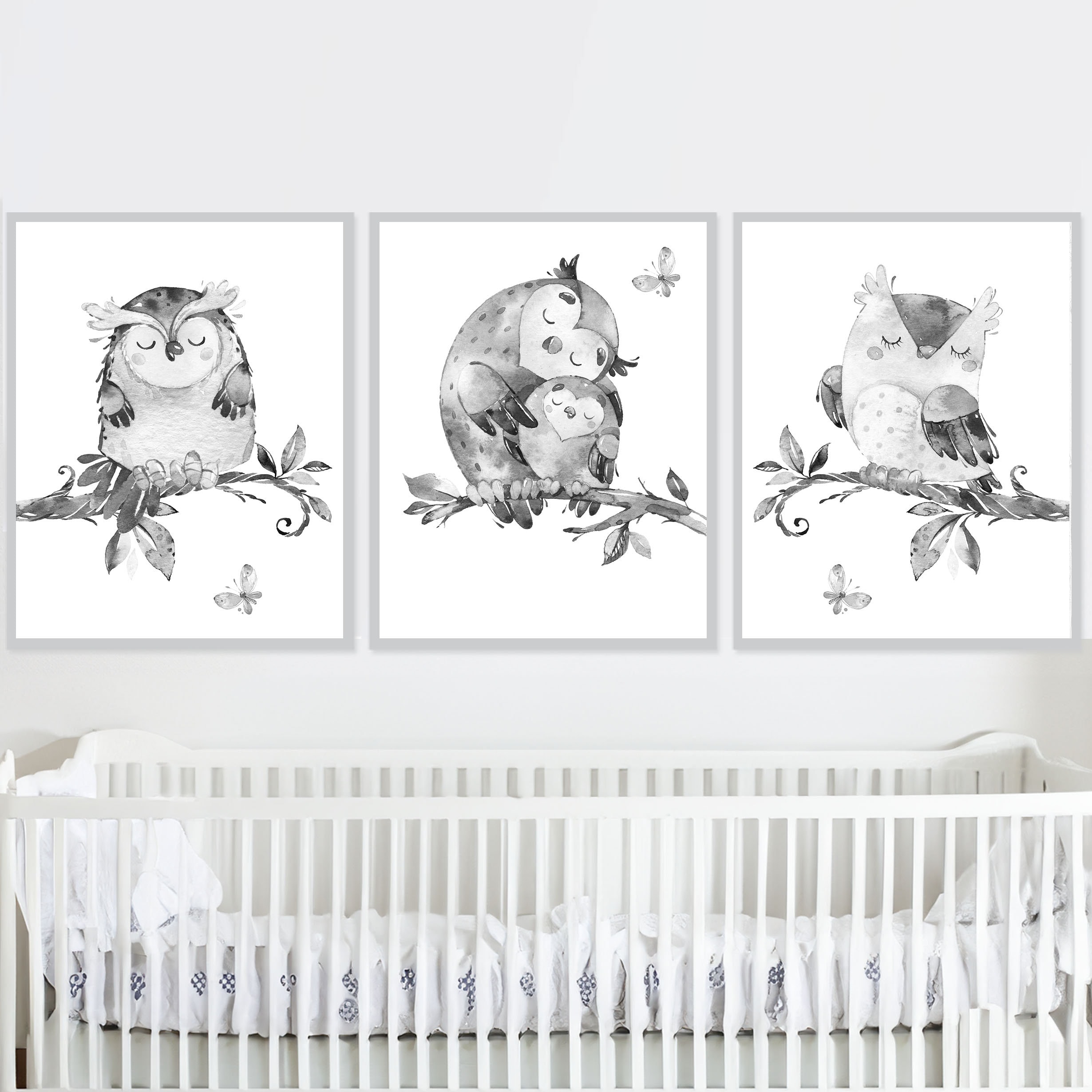 Owl Wall Art Neutral Baby Bedroom Decor Boy Girl Nursery Print Child Poster set of 3 pictures Gender
