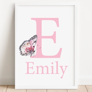 Personalizado bebé nombre signo nacimiento cartel mariposa personalizada niña niños guardería arte letra inicial impresión de pared decoración infantil imágenes digitales