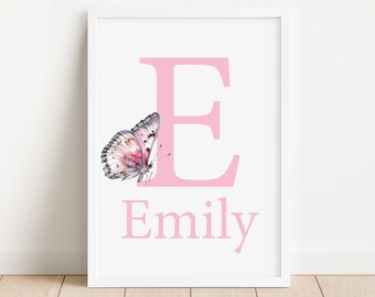 Custom Baby First Name Sign Birth Poster Butterfly Personalized Girl Kids Nursery art Initial letter Wall Print Child Decor