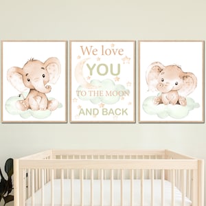 Decorazione da parete per camera da letto con elefante neutro, citazione del bambino, stampa artistica per bambini, set di 3 ragazze, ragazzo, ti amiamo fino alla luna e ritorno. Regalo di genere