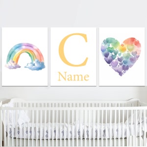 Decorazione per la cameretta dei bambini, cuore arcobaleno, nome personalizzato, arte murale personalizzata, set di 3 stampe per la stanza dei bambini, bambini, immagini digitali per bambini piccoli